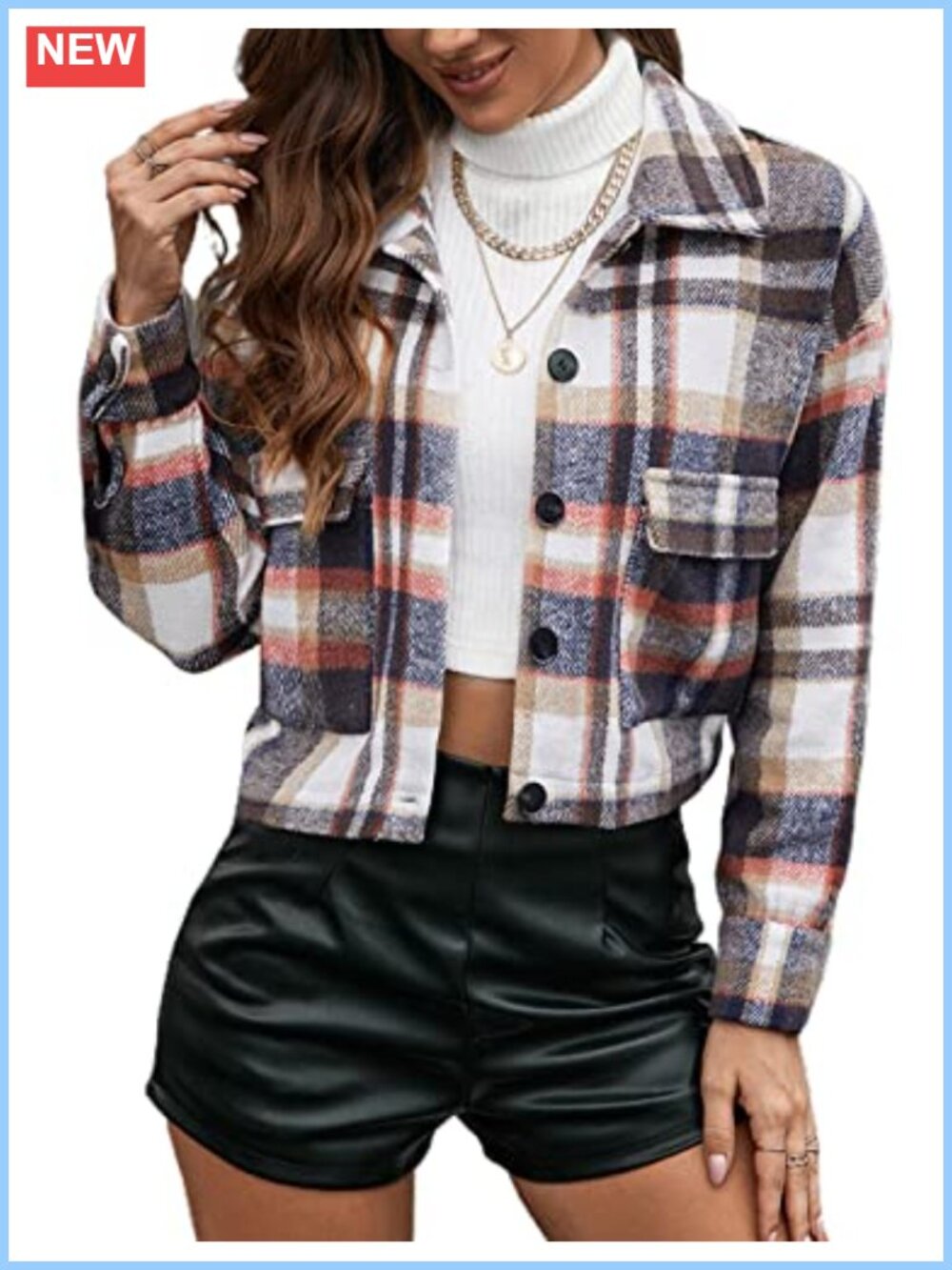 Womens Cropped Plaid Shacket Button Down Flannel Shirt Jacket